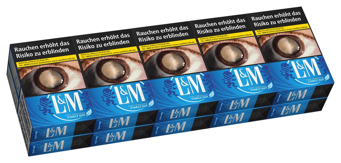 Produktabbildung einer Stange L&M Blue OP Zigaretten, bestehend aus 10 Packungen à 20 Stück, mit blau-weißem Design, großem Augen-Motiv, L&M Logo, dem Schriftzug "Fine Tobacco" und einem kleinen Löwenkopf.