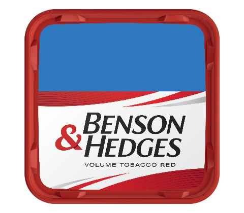 Benson & Hedges Red Tera Box Tabak mit 300 Gramm Inhalt in roter Kunststoffdose mit blauem Deckel und weißem Markenetikett.