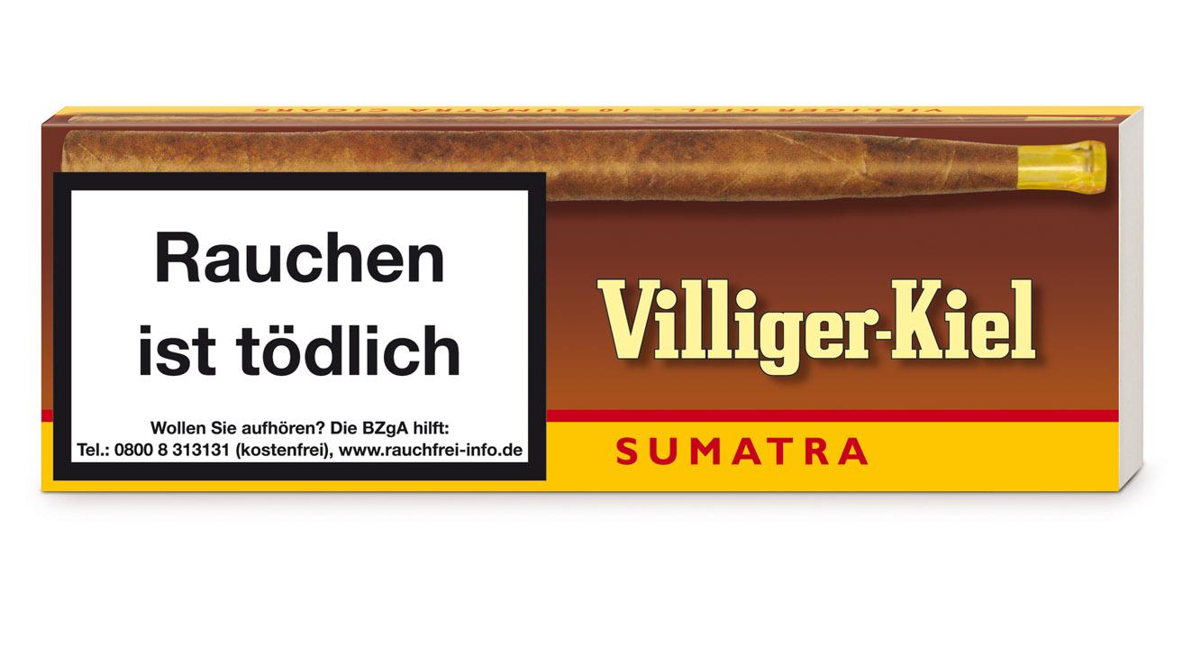 Villiger Kiel Sumatra Zigarren in der 10er-Packung mit braun-gelber Verpackung und abgebildeter Zigarre inklusive Pflicht-Gesundheitshinweis.