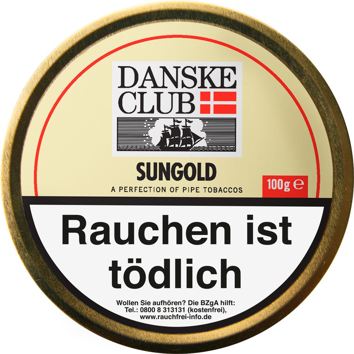 Danske Club Sungold Pfeifentabak in der 100 Gramm Runddose mit goldfarbenem Design, Schiffs-Abbildung und gesetzlichem Warnhinweis.