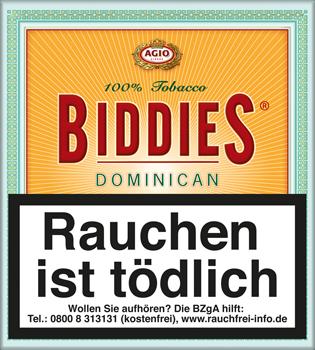Orangefarbene Schachtel Agio Biddies Dominican Zigarillos 100% Tabak vom Hersteller Agio, mit grünem Rand und goldenem Emblem. Verpackungseinheit: 1 Gebinde mit 10 Packungen à 20 Stück.