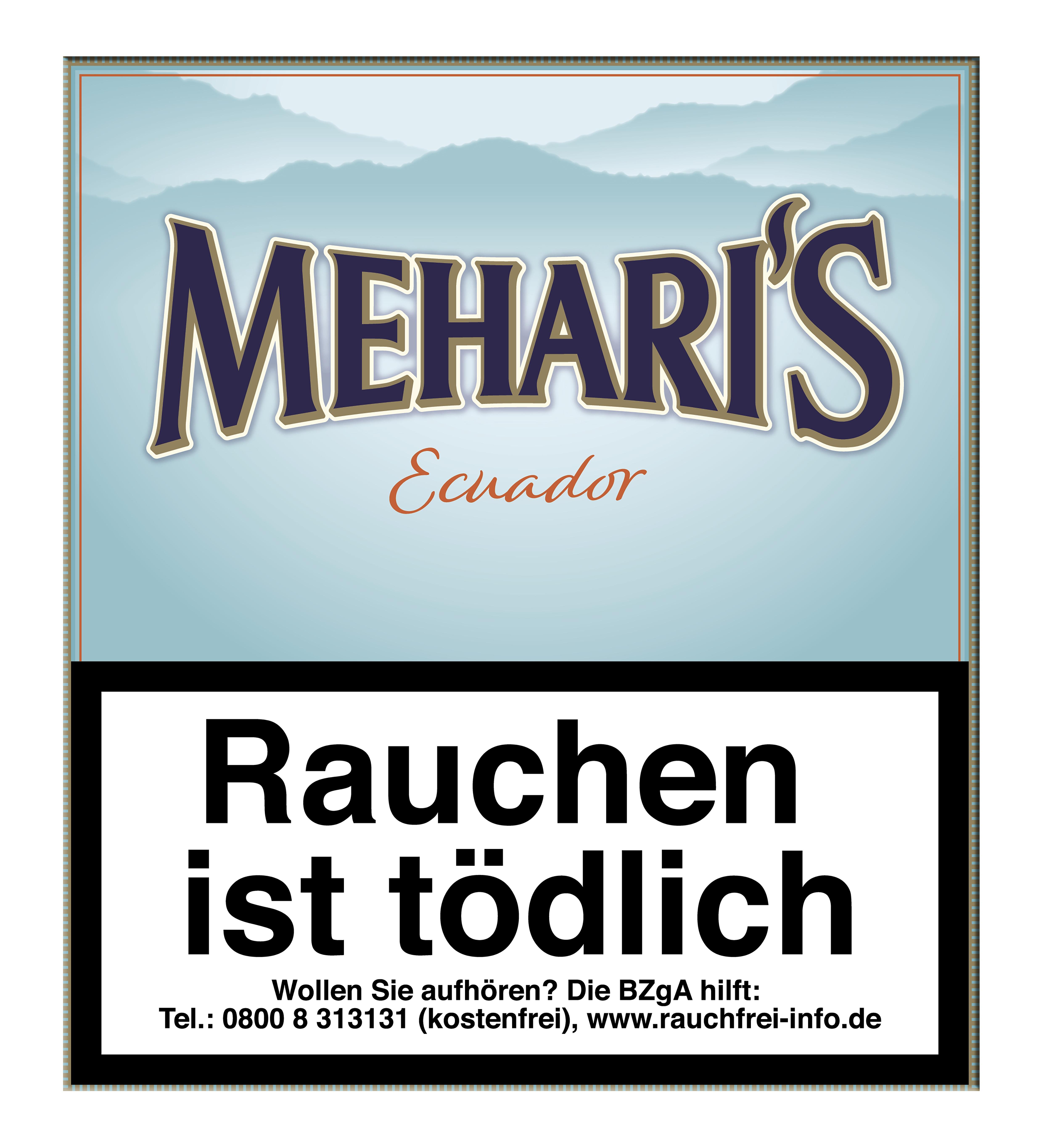 Meharis Zigarillos Ecuador mit Deckblatt aus Ecuador, geliefert als Stange mit 5 Packungen zu je 20 Stück inklusive Warnhinweisen.