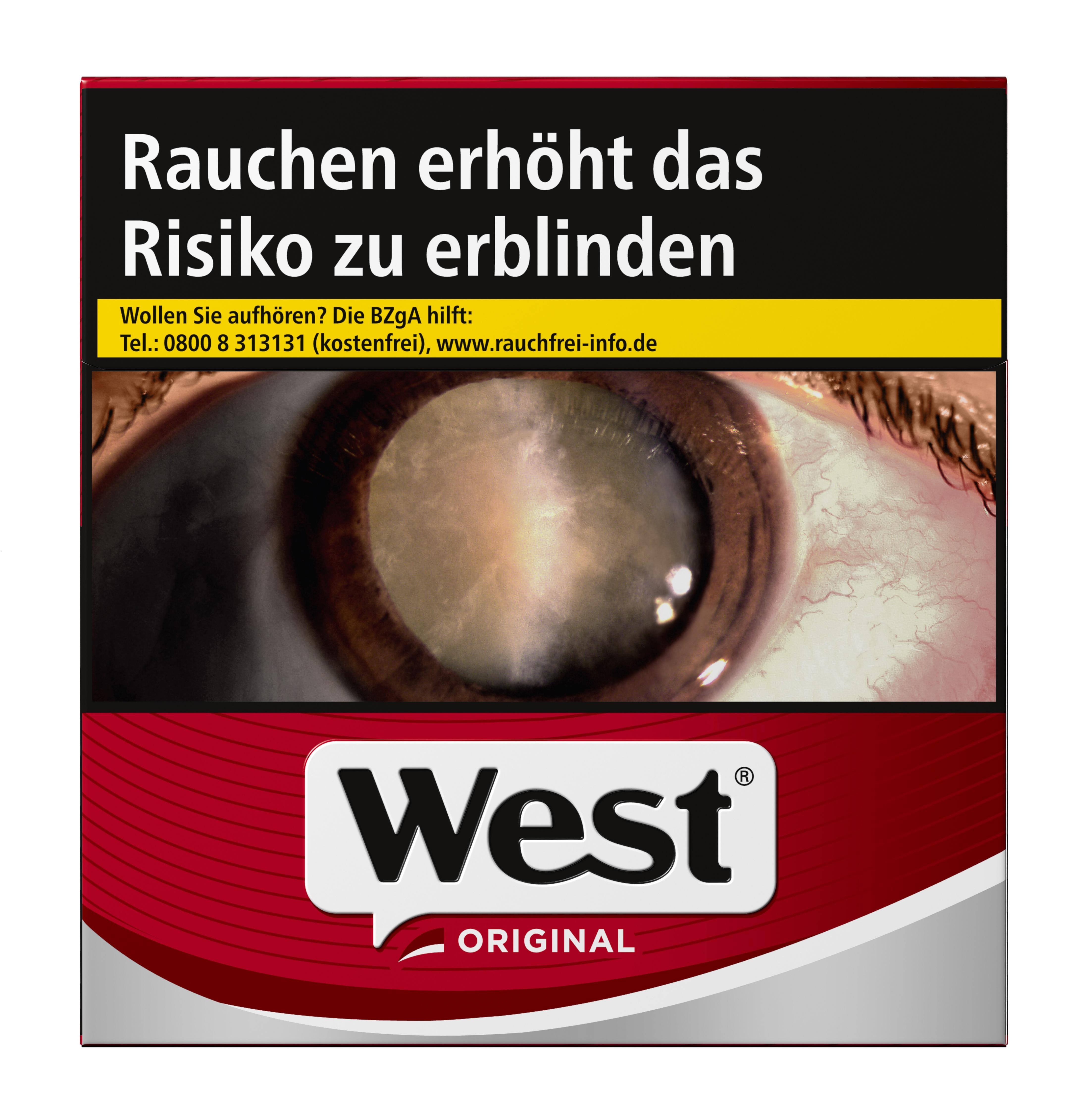 West Original Zigaretten American Blend Mischung in roter Packung mit West Logo und Warnhinweis, Verpackungseinheit 6 Packungen à 42 Stück.