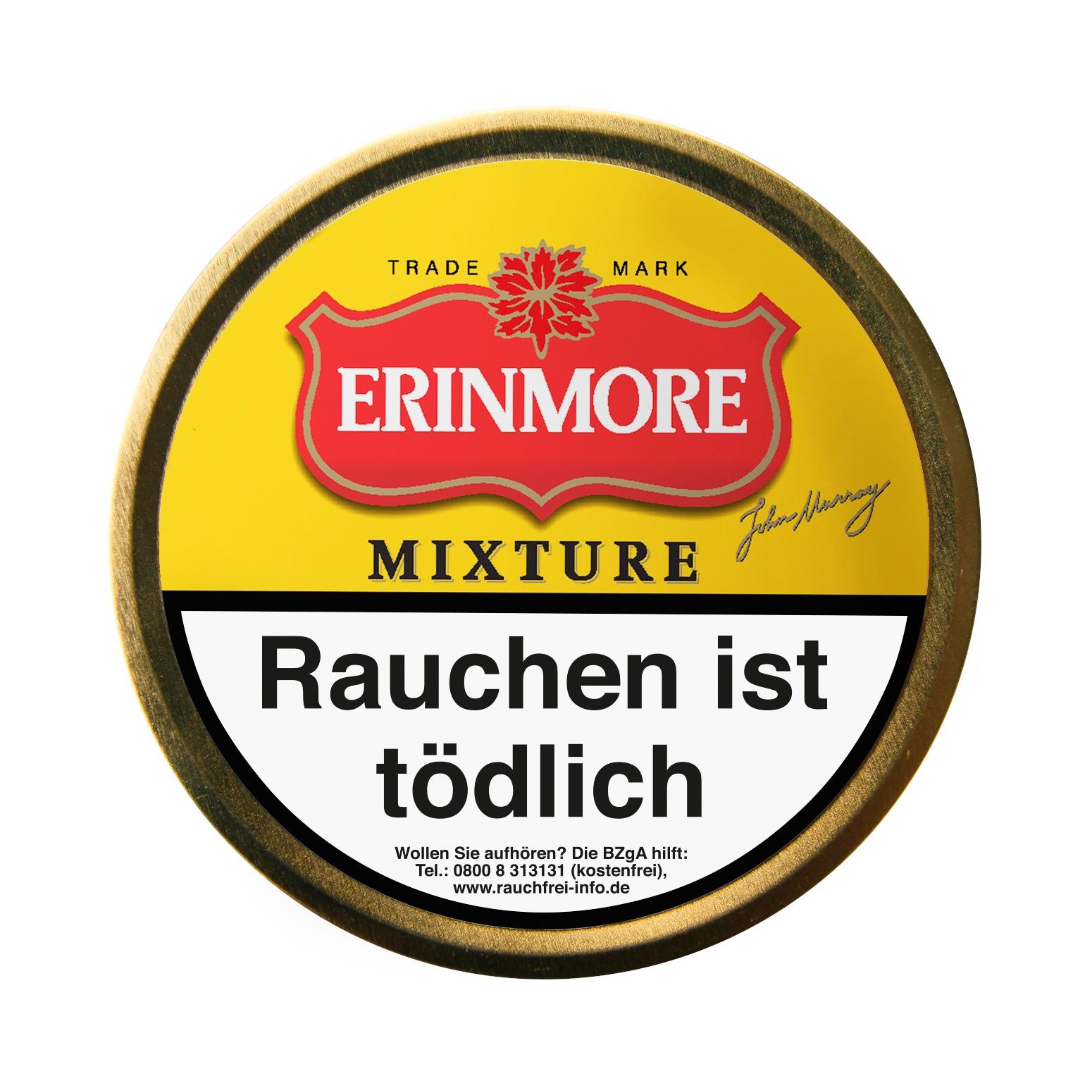 Runde 100-Gramm-Dose Erinmore Mixture Pfeifentabak mit gelbem Hintergrund, rotem Logo und gesetzlich vorgeschriebenen Warnhinweisen.