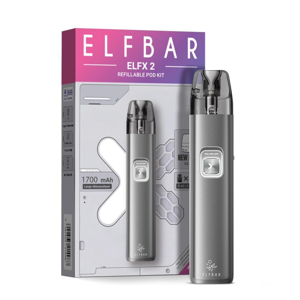 Elfbar ELFX 2 Pod Kit in der Farbe Space Grey mit 1700 mAh Akku, Dual Mesh V2.0 Pods und einstellbarer Leistung in einer Verpackungseinheit von 1 Stück.