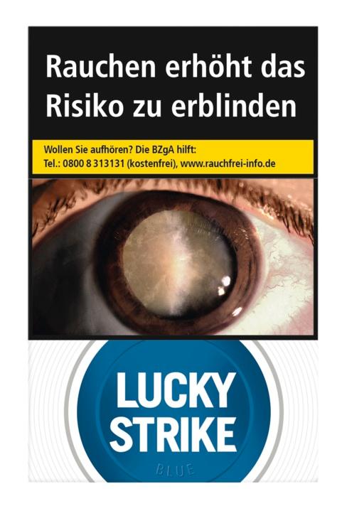 Blau-weiße Packung Lucky Strike Blue Zigaretten, 20 Stück, mit Slow-Cured Tabak und Flow Filter.