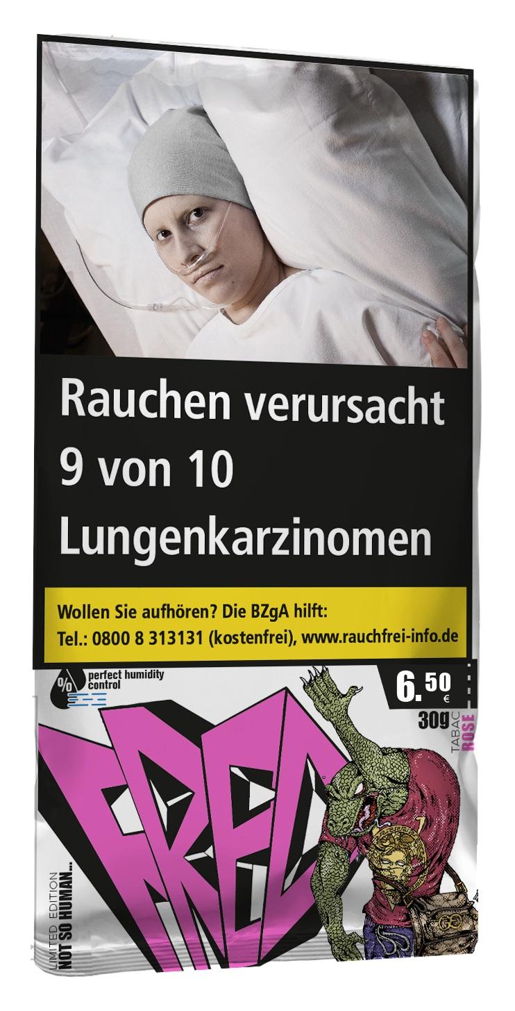 Fred Zigarettentabak Special Blend Rose im Gebinde mit rosa-schwarzem Design, 5 Pouches á 30 Gramm.