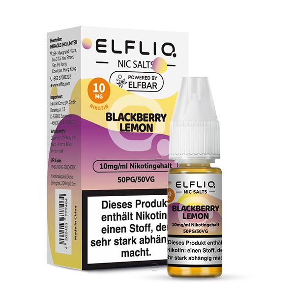 Flasche und Box des ELFLIQ Blackberry Lemon NIC SALTS E-Liquid mit 10mg/ml Nikotin, 1 Stück.