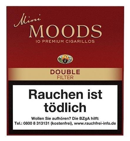 Dannemann Moods Double Filter Zigarillos, 10 Packungen mit je 10 Stück, rote Verpackung mit goldenem Band, inklusive obligatorischem Sicherheitshinweis.