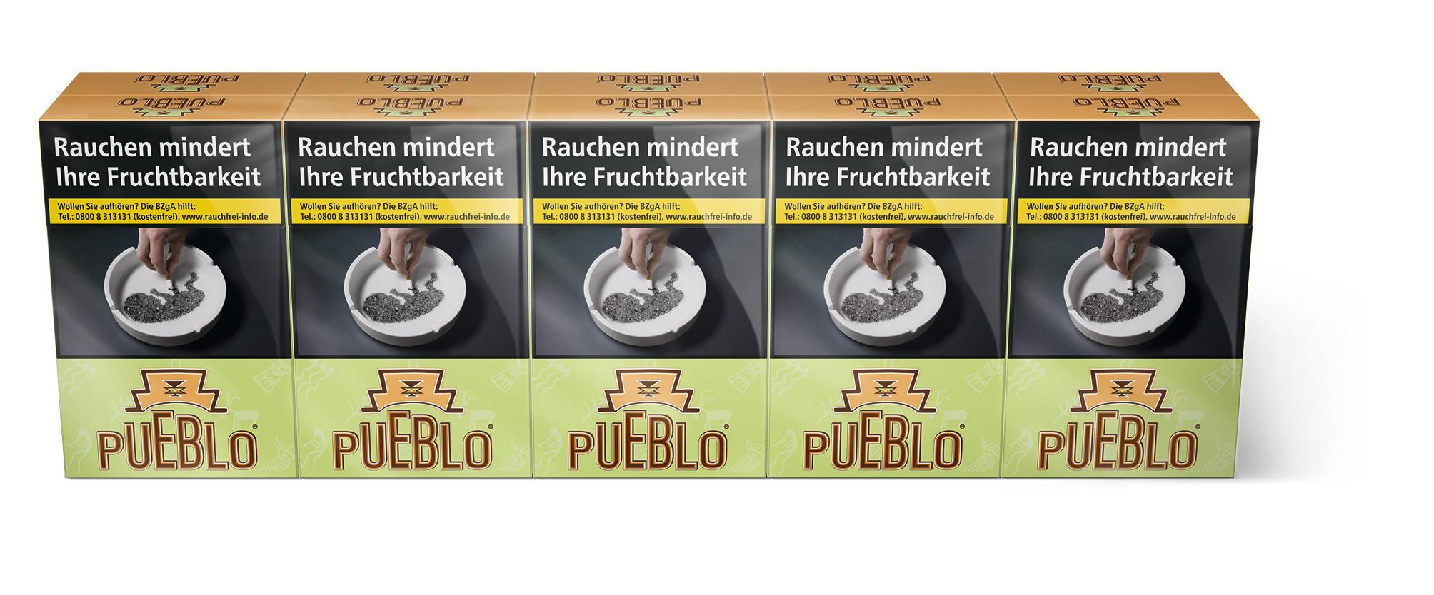Pueblo Green Zigaretten Stange von Pueblo, bestehend aus 10 Packungen á 20 Stück in gelb-grüner Verpackung mit dem Schriftzug "Pueblo" und dem Warnhinweis "Rauchen mindert Ihre Fruchbarkeit", bieten mittelkräftigen und natürlichen Tabakgeschmack ohne Zusa