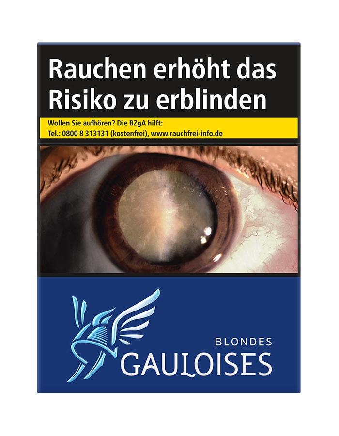 Blaue Packung Gauloises Blondes Blau Zigaretten der Marke Gauloises mit dem charakteristischen Logo des geflügelten Helms und dem Bild eines menschlichen Auges. Einzelne Packung.