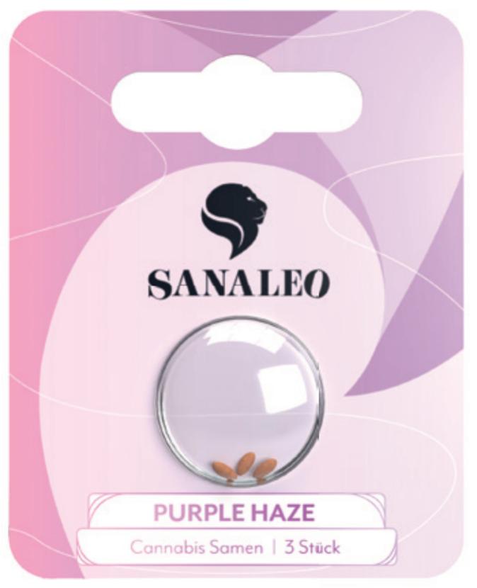 Runder, silberner Behälter mit 3 feminisierten Purple Haze Cannabis Samen von Sanaleo in einer rosa Verpackung mit weißem Design.