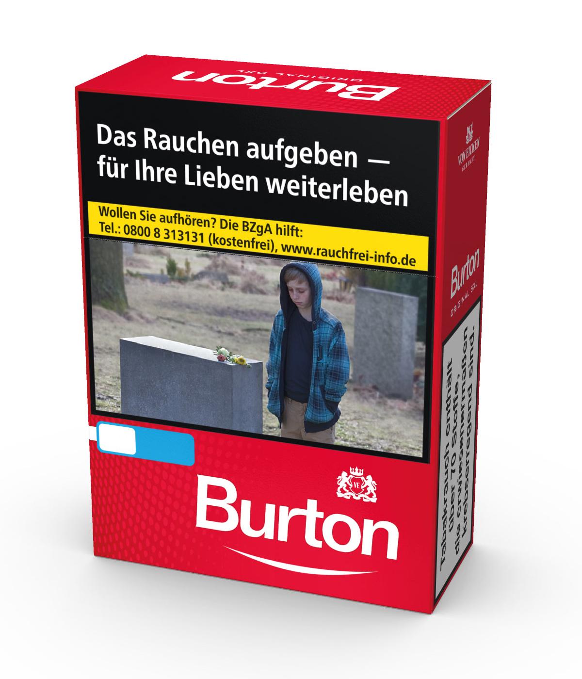 Rot-schwarze Packung Burton Original XXL Zigaretten, eine Stange mit 8 Packungen à 29 Stück. Die Packung bewirbt mit einer gelb-schwarzen Anzeige den Rauchstopp mit dem Slogan "Das Rauchen aufgeben – für Ihre Lieben weiterleben" und gibt Kontaktinformatio