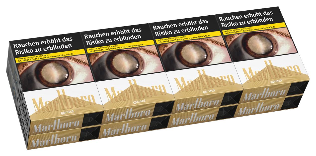 Marlboro Gold 2XL Zigarettenstange mit 8 Packungen à 24 Stück, gold-weißer Verpackung, Marlboro-Logo und prominentem Augen-Motiv.