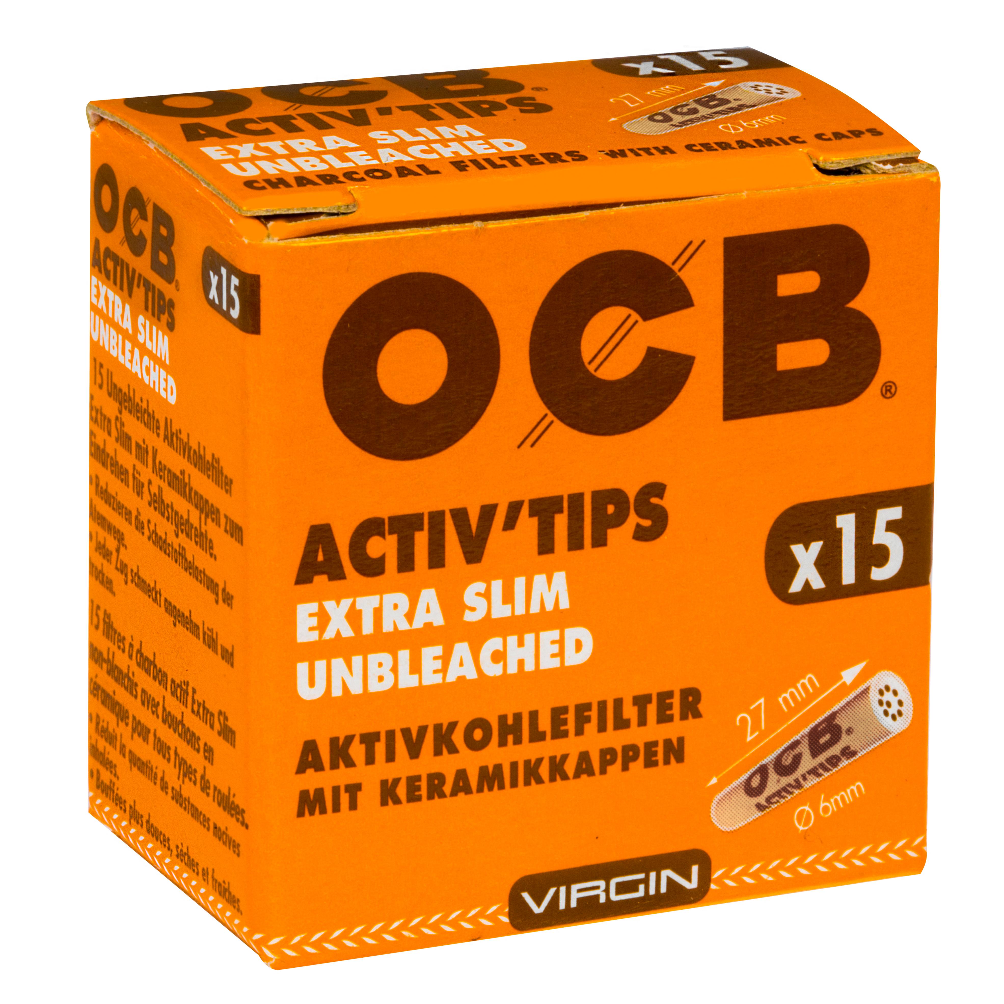 Packung OCB Active Tips Extra Slim Ungebleicht 6mm Aktivkohlefilter mit Keramikkappen.