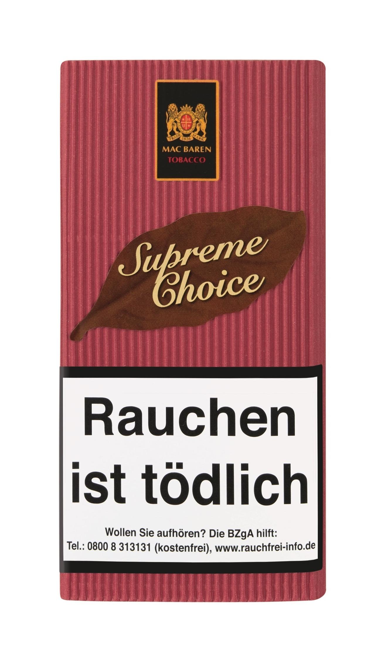 Mac Baren Supreme Choice Pfeifentabak in der roten 5er-Vorteilspackung mit je 40 Gramm Inhalt und aufgedrucktem Warnhinweis.