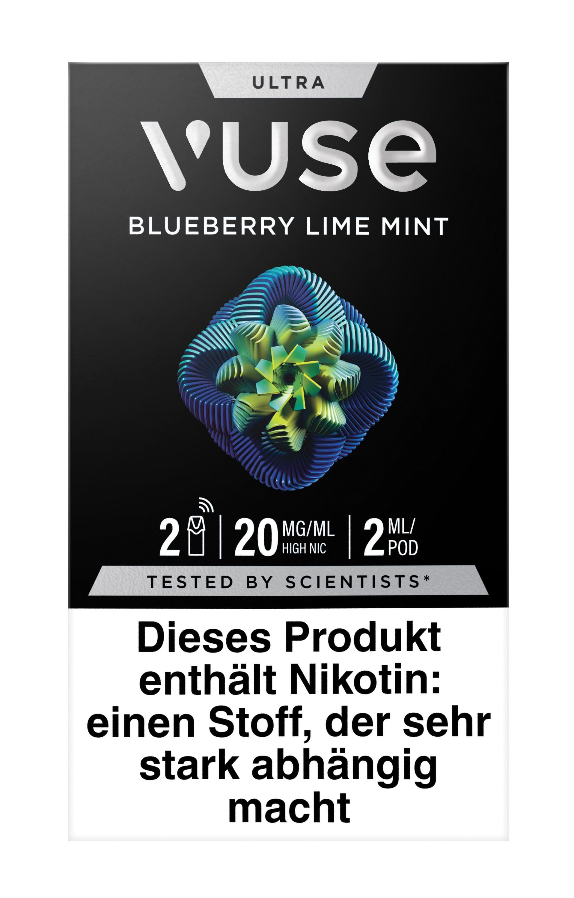 Schwarze Vuse Ultra Packung mit silbernem Rand und zwei Pods mit 20 mg/ml Nikotingehalt sowie dem gesetzlichen Warnhinweis zur Abhängigkeit.