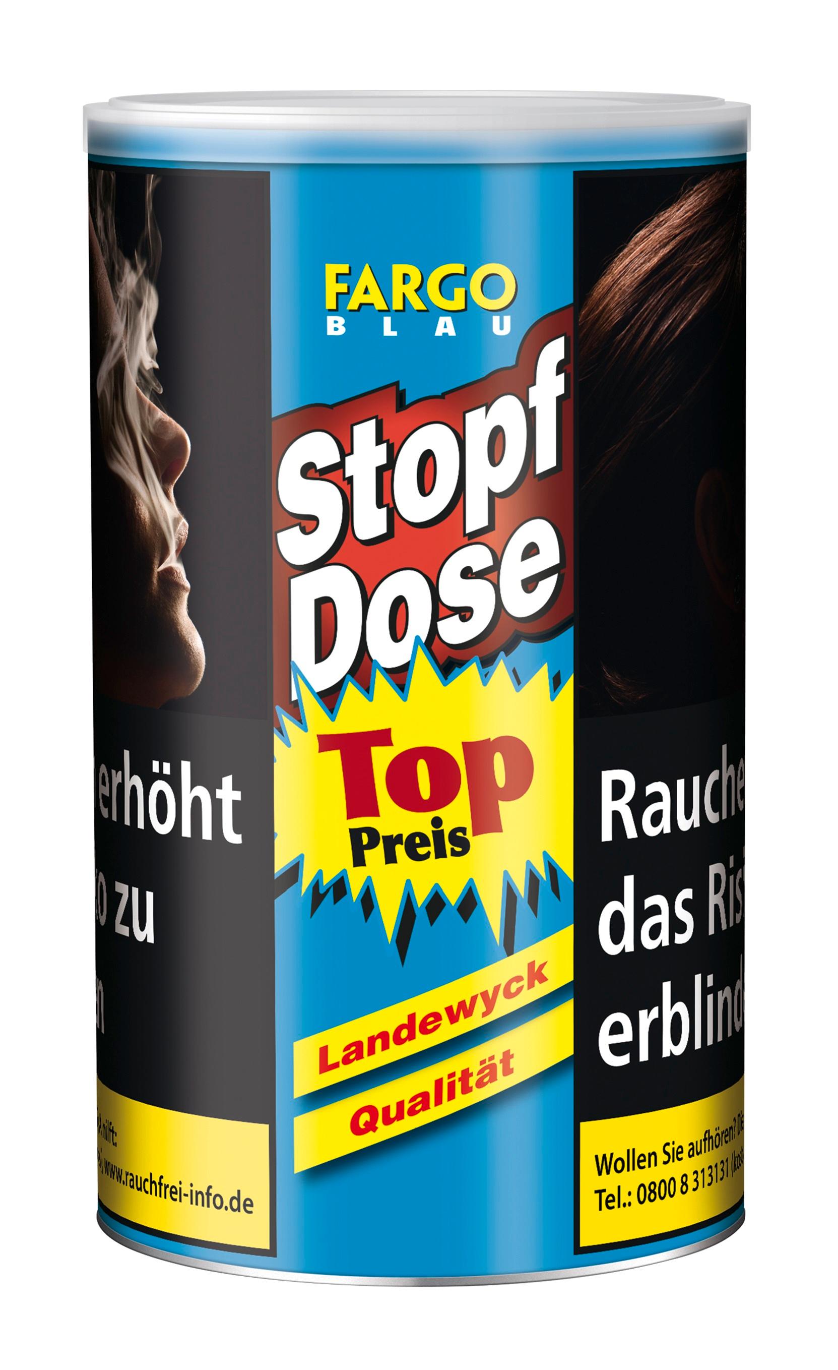 Blaue 129-Gramm-Dose Fargo Zigarettentabak Stopf-Dose Blau von Landewyck, mit den Aufdrucken "Landewyck Qualität" und "Top Preis".
