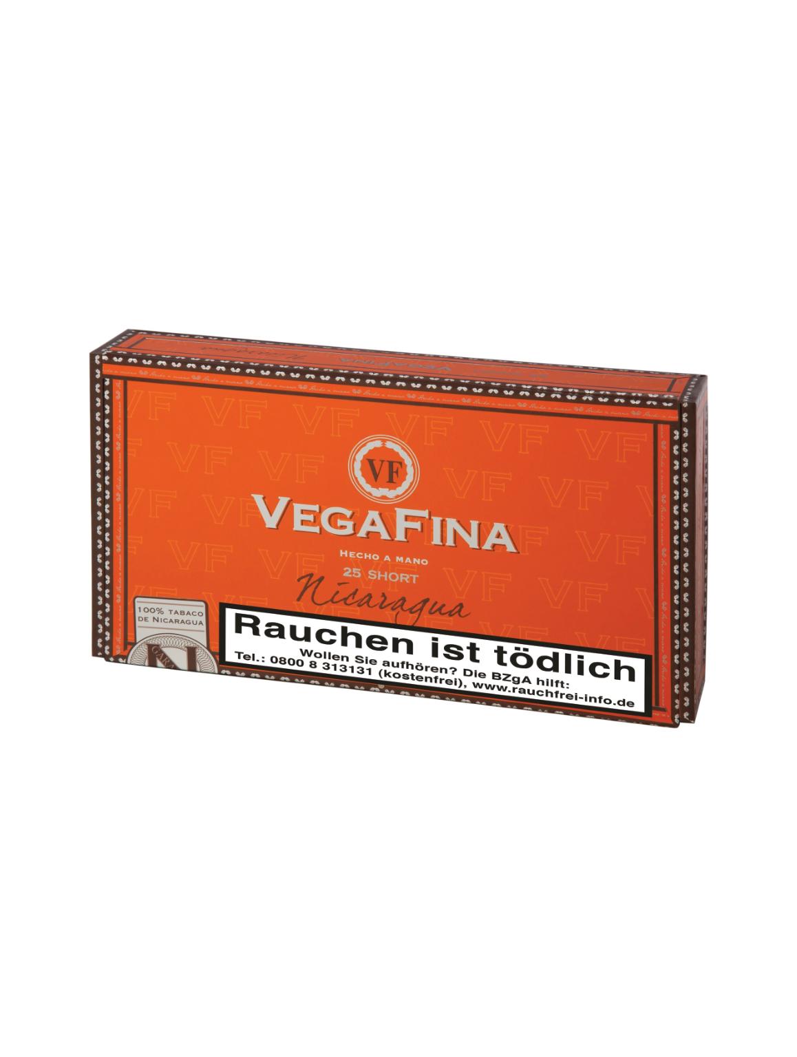 Orange-braune Kartonschachtel VegaFina Zigarren Nicaragua Short (25 Stück) mit weißem Logo und leichtem Vintage-Look.