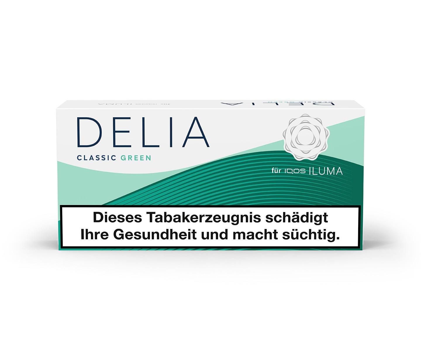 DELIA Classic Green Tabaksticks für IQOS Iluma Geräte, 1 Stange bestehend aus 10 Packungen mit je 20 Stück in weißer Verpackung mit blauem Wellendesign.