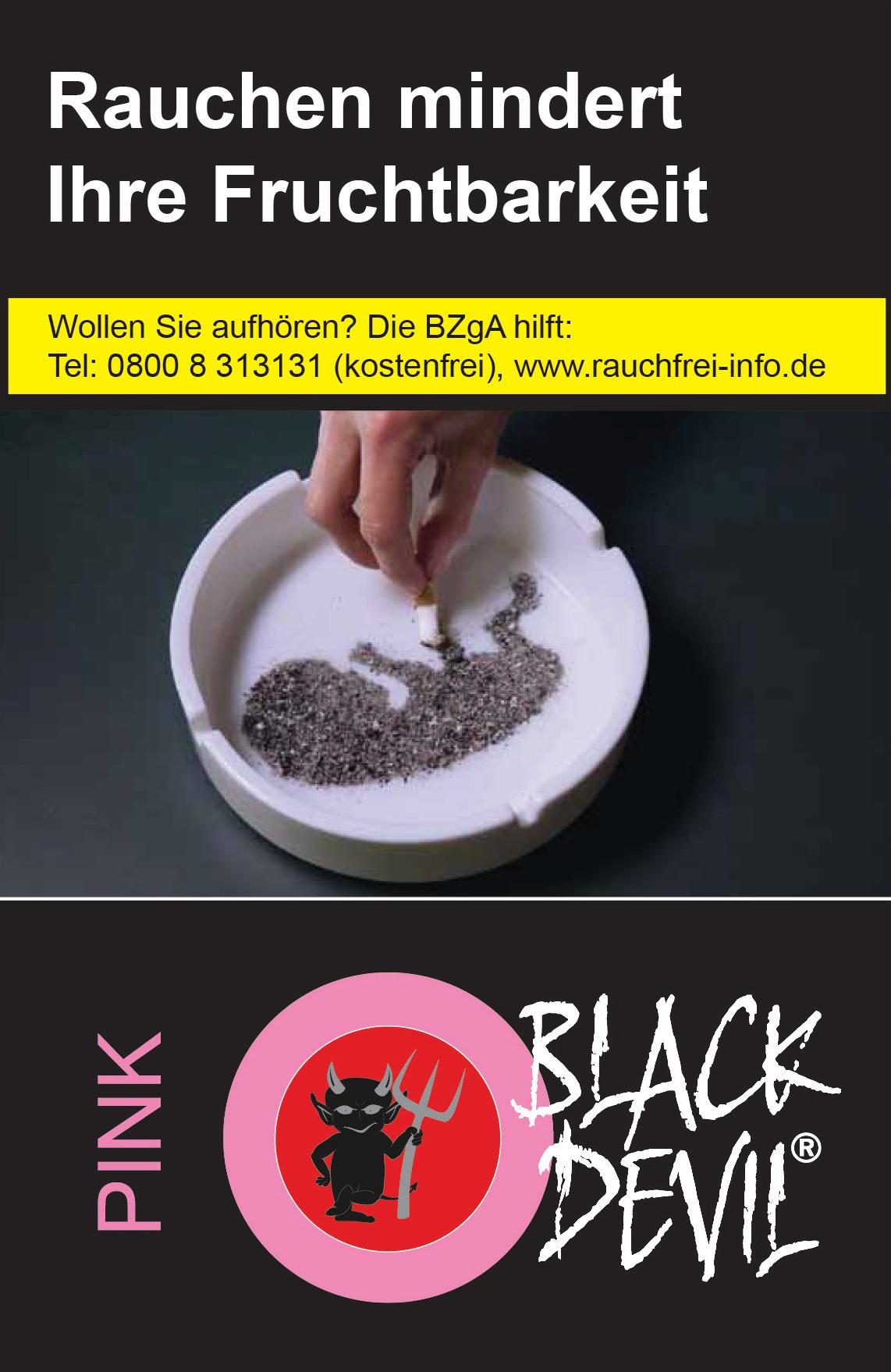 Packung Black Devil Zigaretten Pink mit rosa Kreis und Teufel Silhouette, enthält 20 Stück.