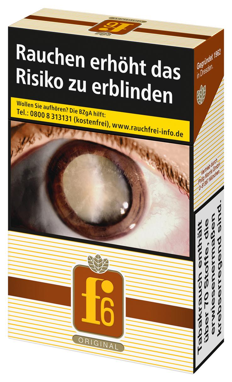 Packung F6 Original Zigaretten mit braunem und cremefarbenem Design, kurzem Filter und 20 Stück Inhalt.
