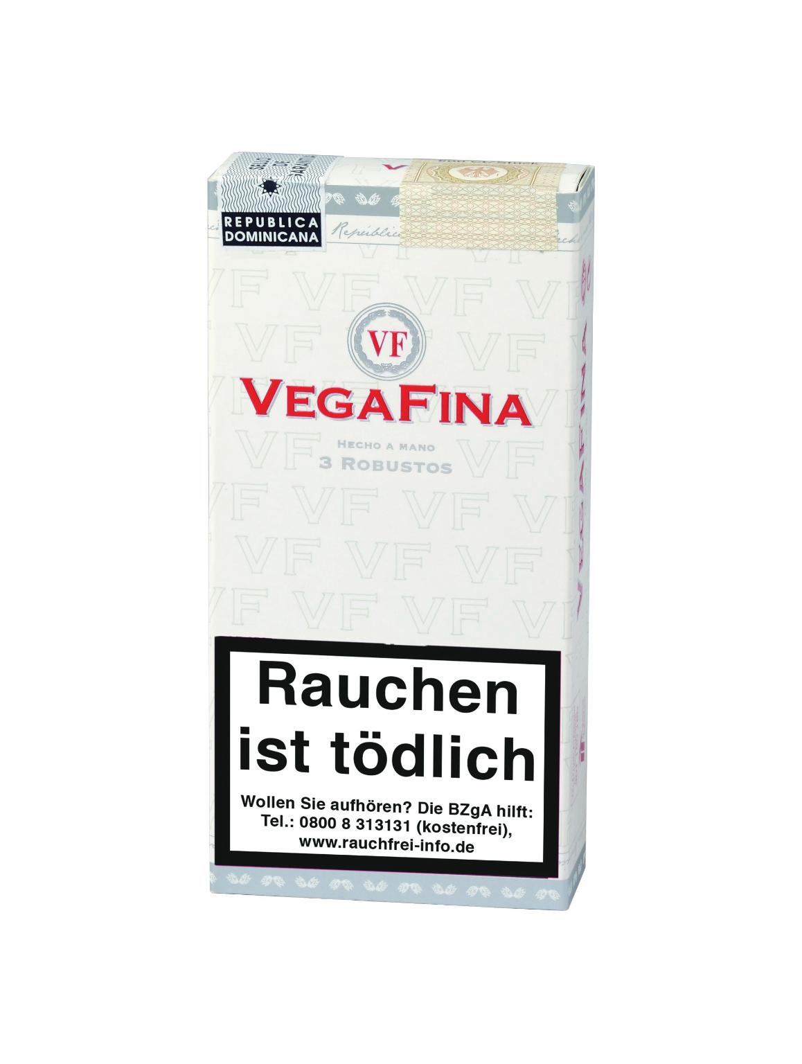 Weiße VegaFina Zigarren Robusto Box mit beigem Deckel, Aufschrift "REPUBLICA DOMINICANA" und "3 ROBUSTOS", erhältlich als 3x1 Stück.