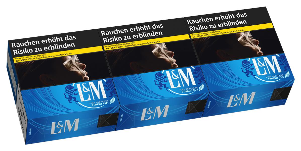 Drei blaue Packungen L&M Blue Zigaretten von L&M mit schwarzem Label und Warnhinweisen, verpackt als 3 Packungen á 60 Stück.