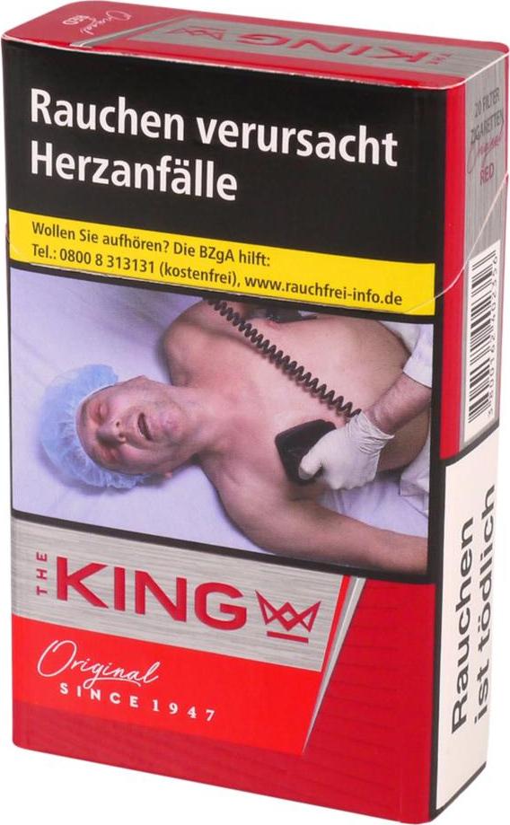 Stange King Red Zigaretten des Herstellers King, mit American Blend Tabakmischung für einen kräftigen, würzigen Geschmack, in rot-schwarzer Verpackung mit Markenlogo und Warnhinweisen, 'Original Since 1947', bestehend aus 10 Packungen à 20 Stück.