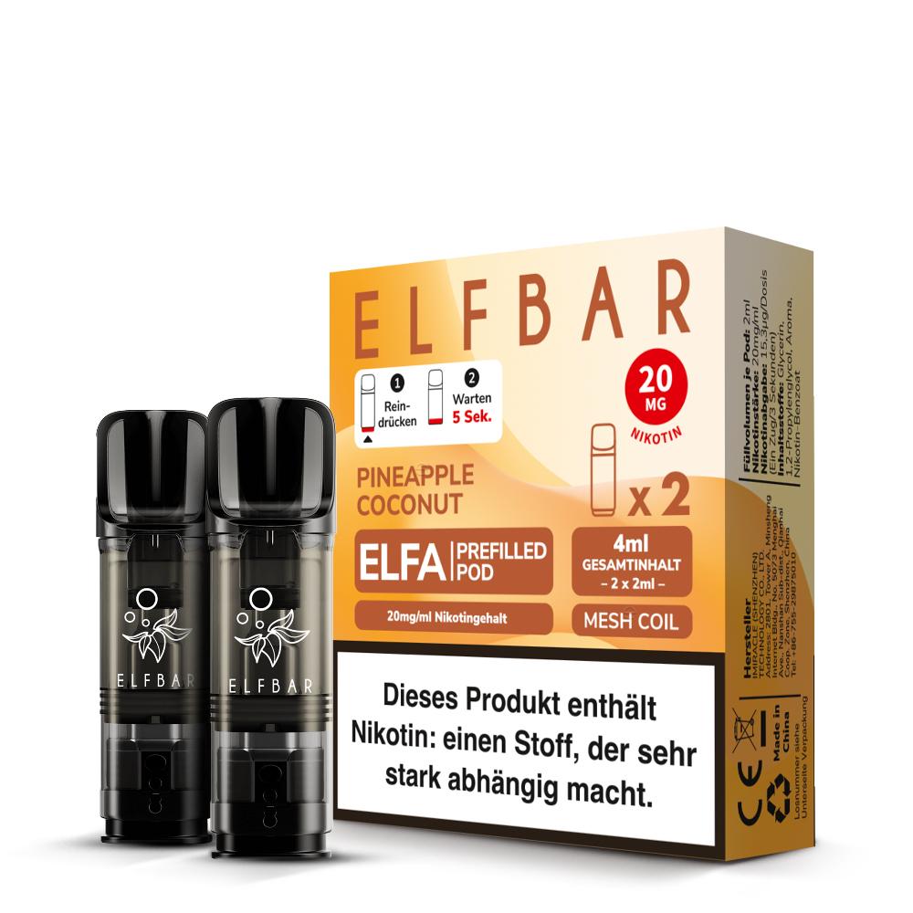 Zwei schwarze Elfbar ELFA Pods mit Mesh Coil und der zugehörigen Produktverpackung, die 20 mg/ml Nikotinsalz enthält, im 2-Stück-Pack.