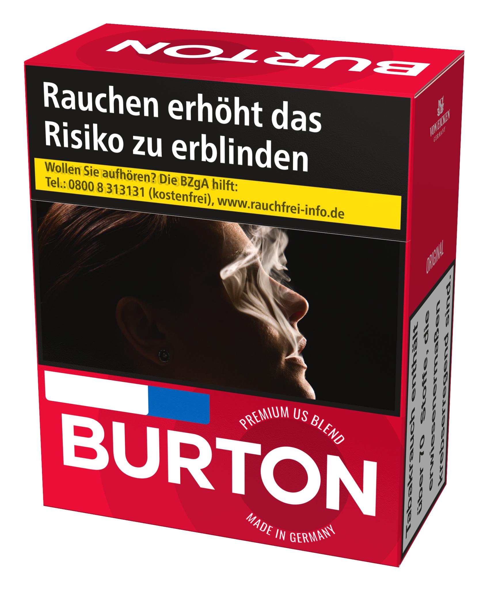 Burton Zigaretten Original American Blend in der XXXL-Stange mit 4 Packungen à 40 Stück inklusive gesetzlicher Warnhinweise.