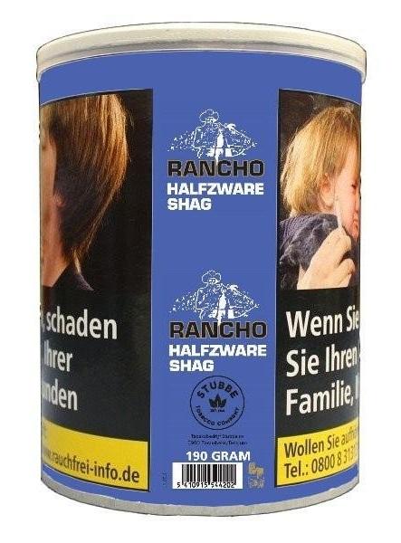 Rancho Zigarettentabak Halfzware Shag in einer blauen 190 Gramm Dose mit Markenlogo und gesetzlichen Sicherheitshinweisen.