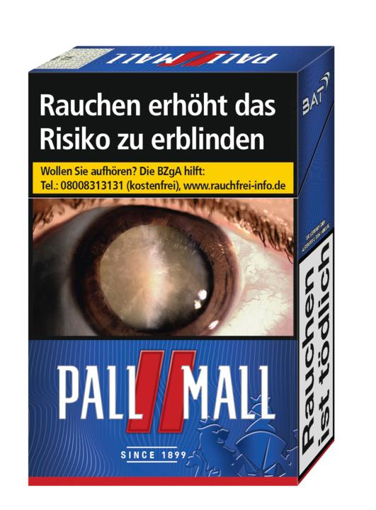 Packung Pall Mall Zigaretten Red mit blau-weiß-rotem Design, dem Pall Mall Löwen-Logo und dem Hinweis '20 Stück'.