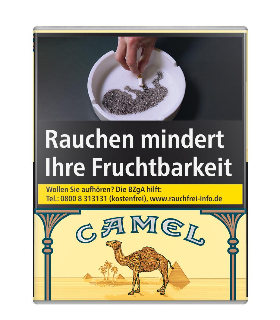 Packung Camel Zigaretten ohne Filter mit gelb-blauem Design und 20 Stück Inhalt.
