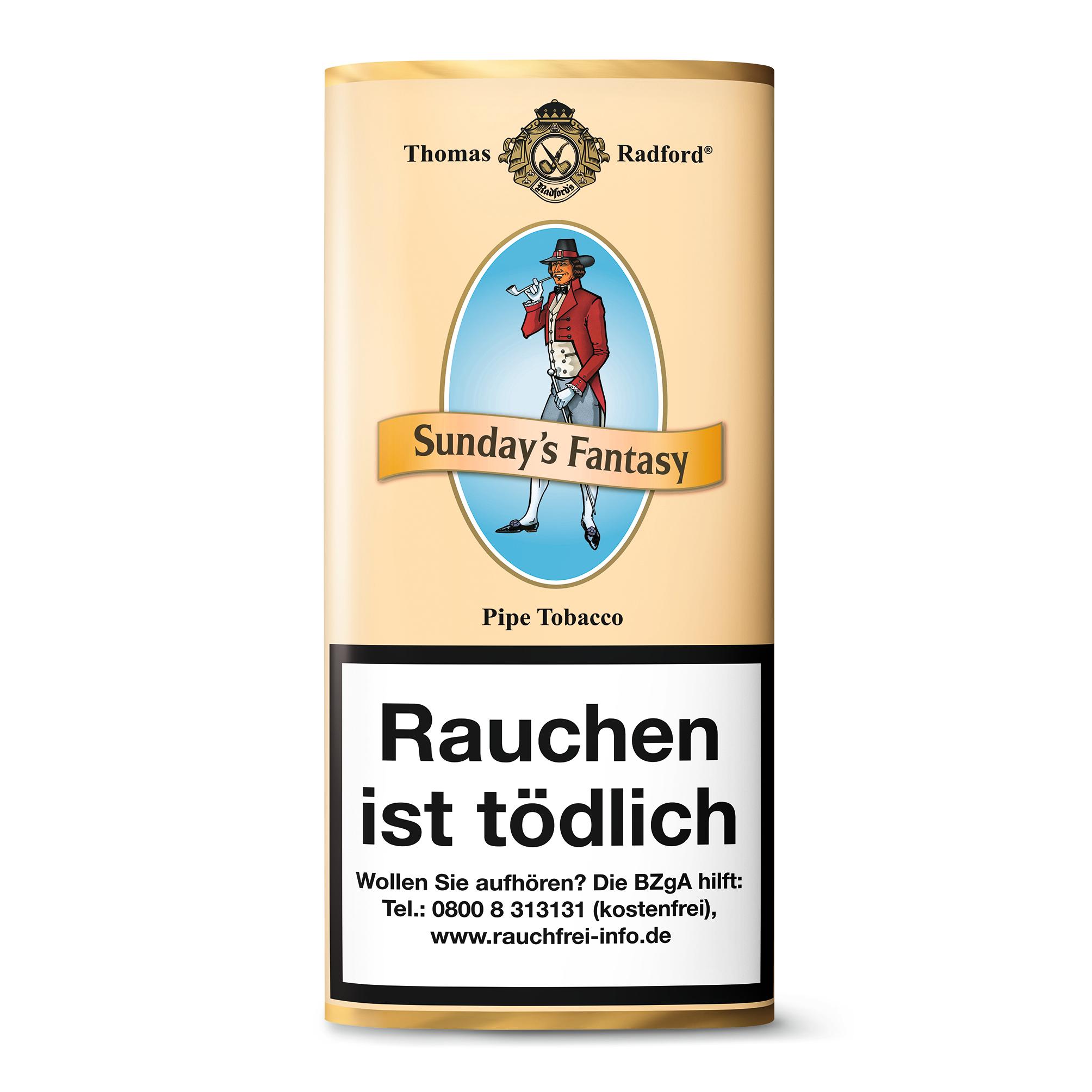 50-Gramm-Packung Thomas Radford Sunday's Fantasy Pfeifentabak. Die beige Verpackung mit goldfarbenem Band zeigt eine Illustration eines Mannes mit Pfeife und enthält eine lockere Mischung aus feinstem Virginia und Black Cavendish mit harmonisch fruchtigem