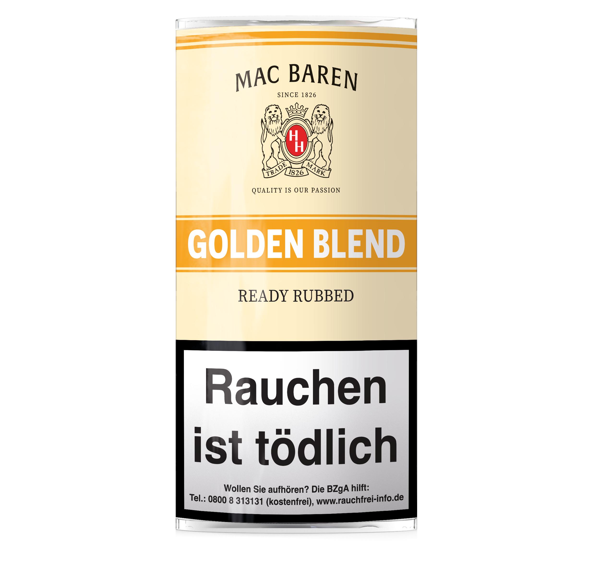 Mac Baren Golden Blend Pfeifentabak in der 50 Gramm Pouch mit beigem Design, Herstellerwappen und obligatorischem Sicherheitshinweis.