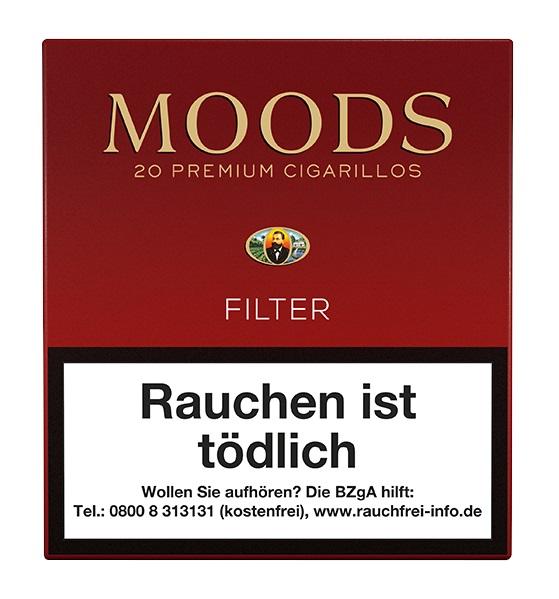 1 Stange Dannemann Moods Filter Zigarillos (10 x 20 Stück) in roten Packungen mit goldener Moods Premium Cigarillos Aufschrift.