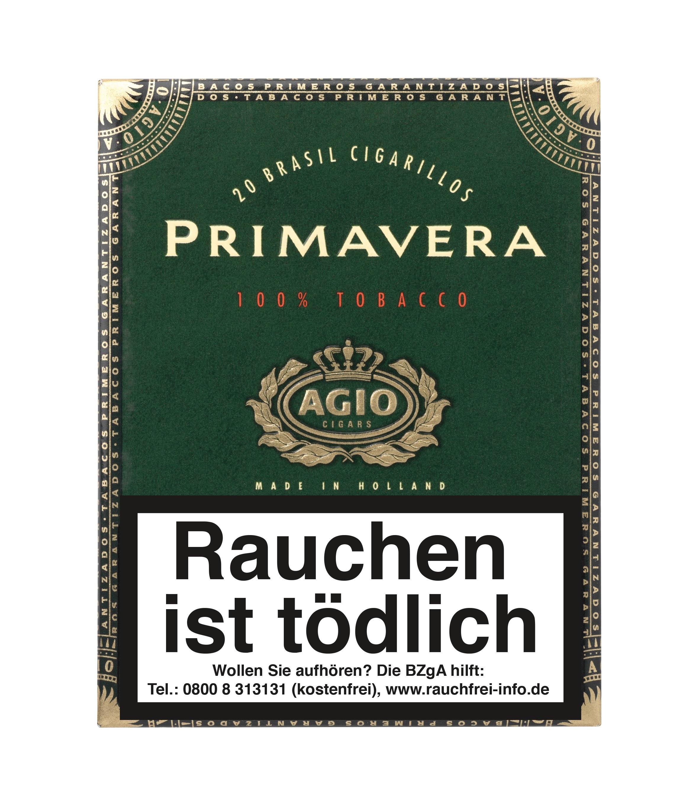 Grüne Schachtel Agio Primavera Zigarillos 100% Brasil von Agio, mittelkräftig, hergestellt in Holland, 10 Packungen á 20 Stück.