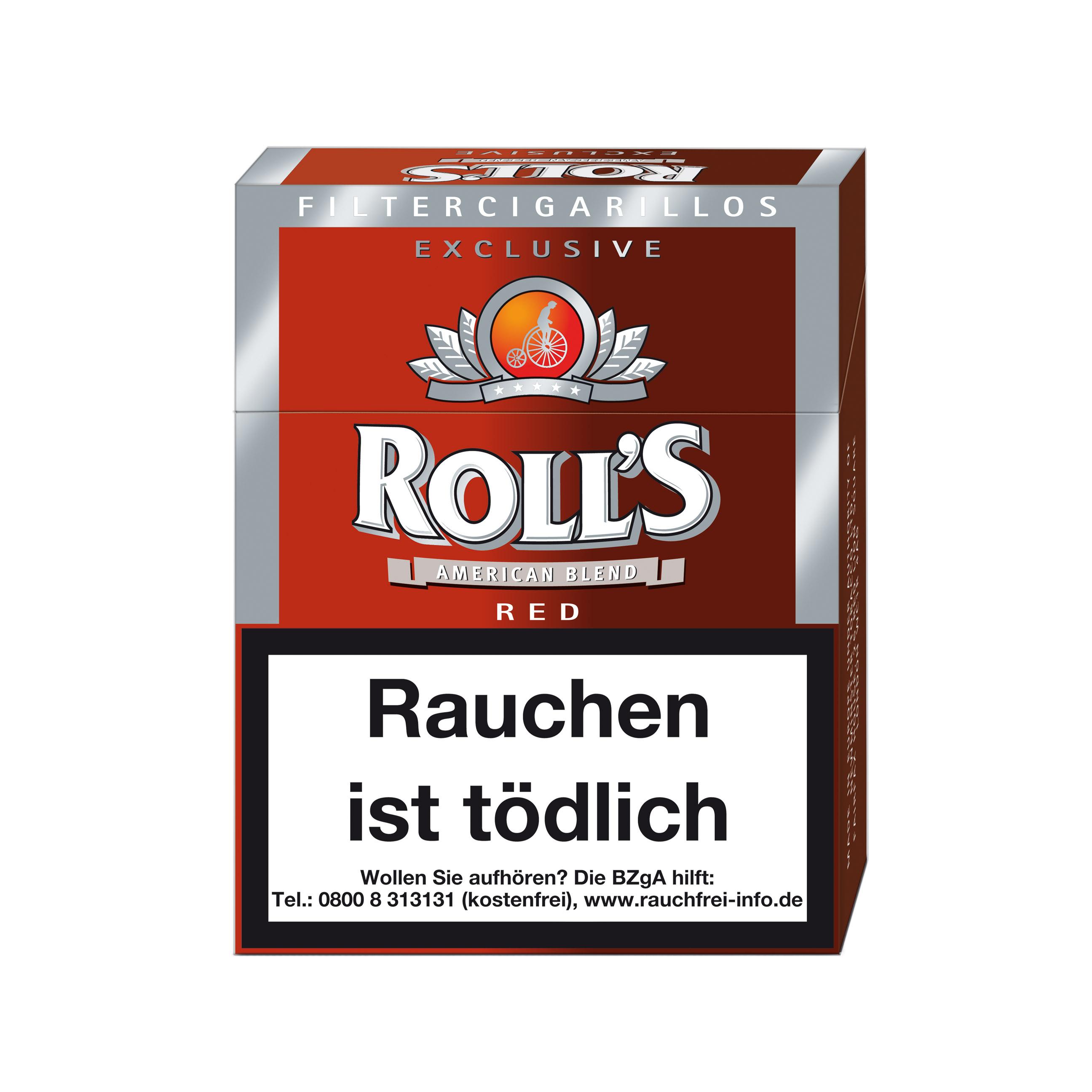 Stange Rolls Zigarillos Exclusive Red, bestehend aus 8 Packungen à 23 Stück, der Marke Roll's in roter Verpackung mit silber-grauem Rand, 'American Blend' Schriftzug, Fahrrad-Emblem und dem Warnhinweis 'Rauchen ist tödlich'.