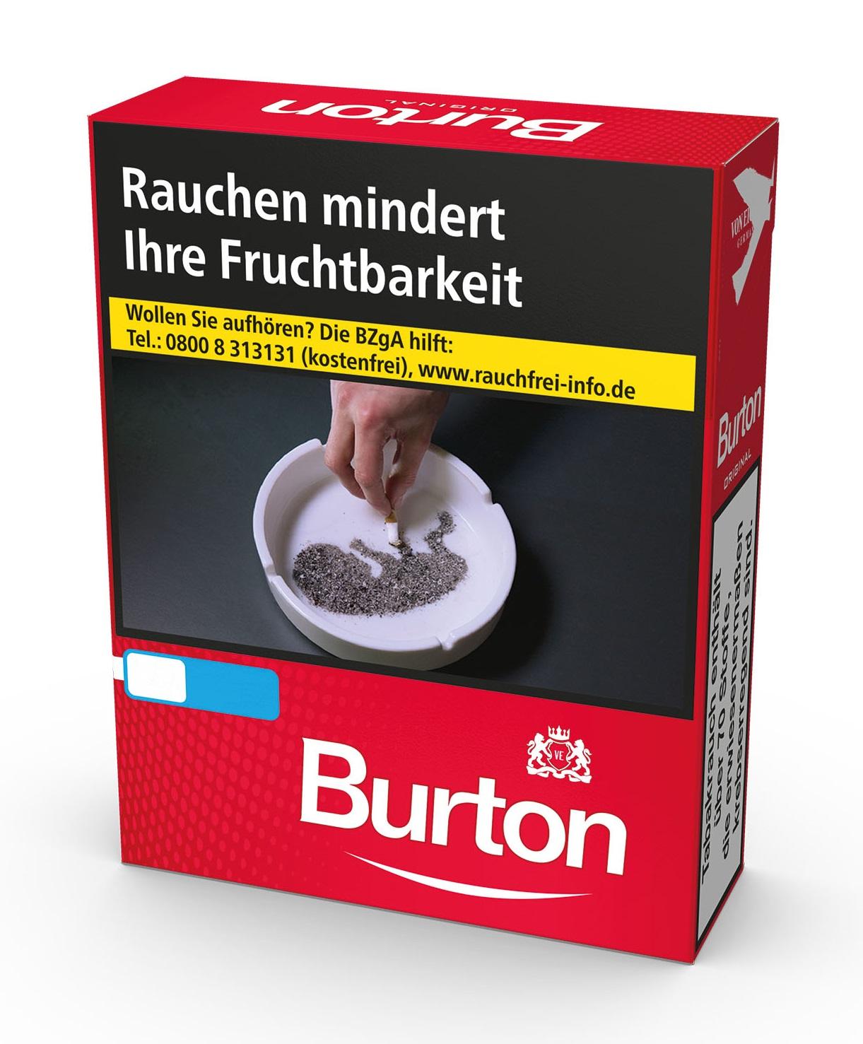 Eine Stange Burton Original XL Zigaretten mit 8 Packungen á 24 Stück in der charakteristischen roten und schwarzen Burton Verpackung.