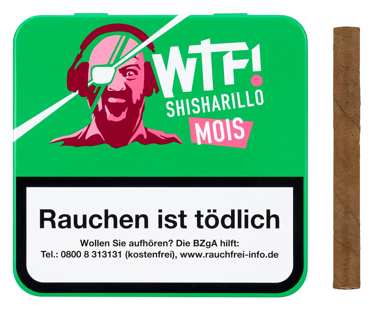 WTF! Mois Zigarillos der Geschmacksrichtung Wassermelone als Stange mit 5 Packungen, in einer grünen Dose mit pink-weißem Design und Cartoon-Motiv.