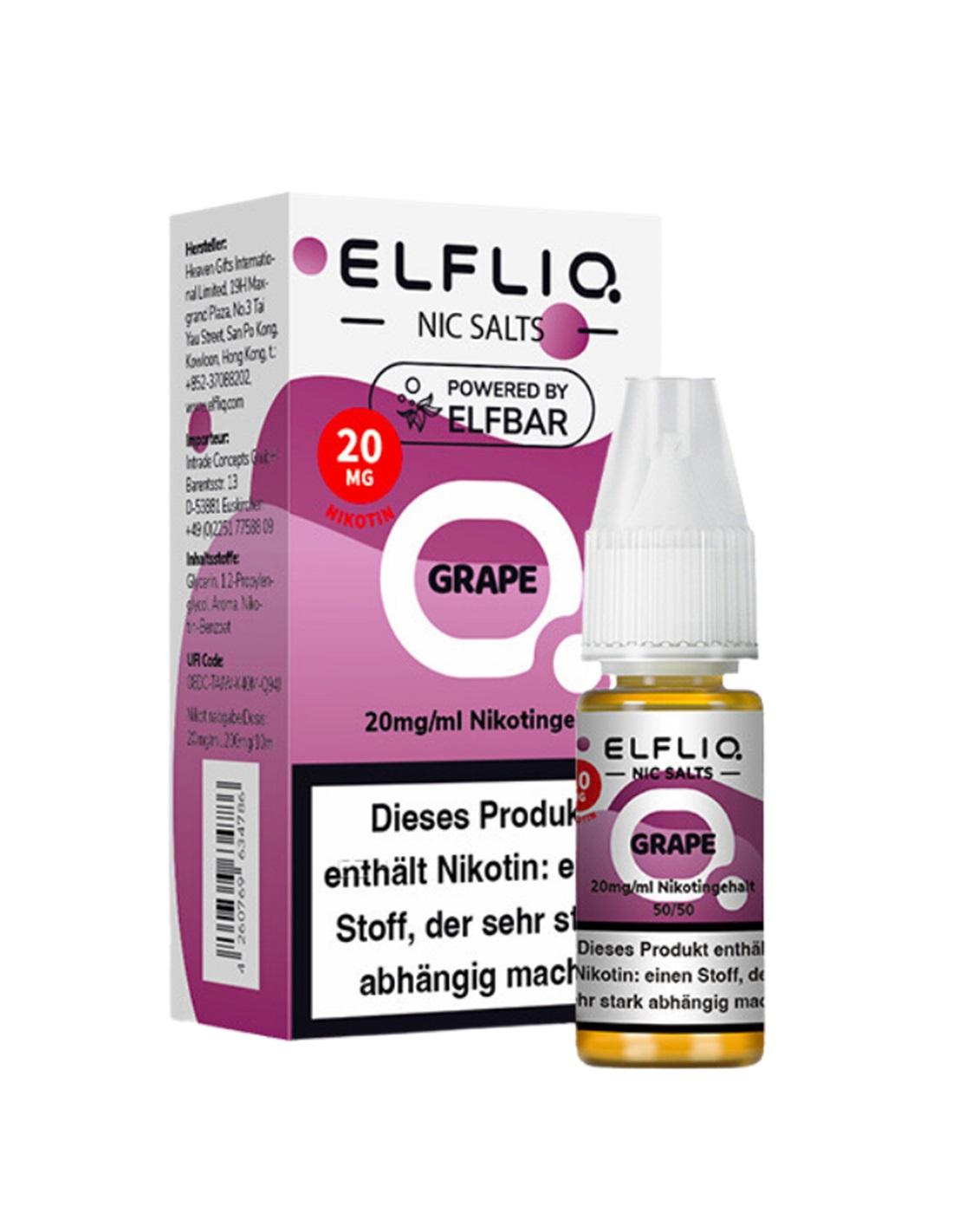 Flasche ELFLIQ by Elfbar E-Liquid 20mg Nikotinsalz mit weiß-lila Verpackung, 1 Packung.