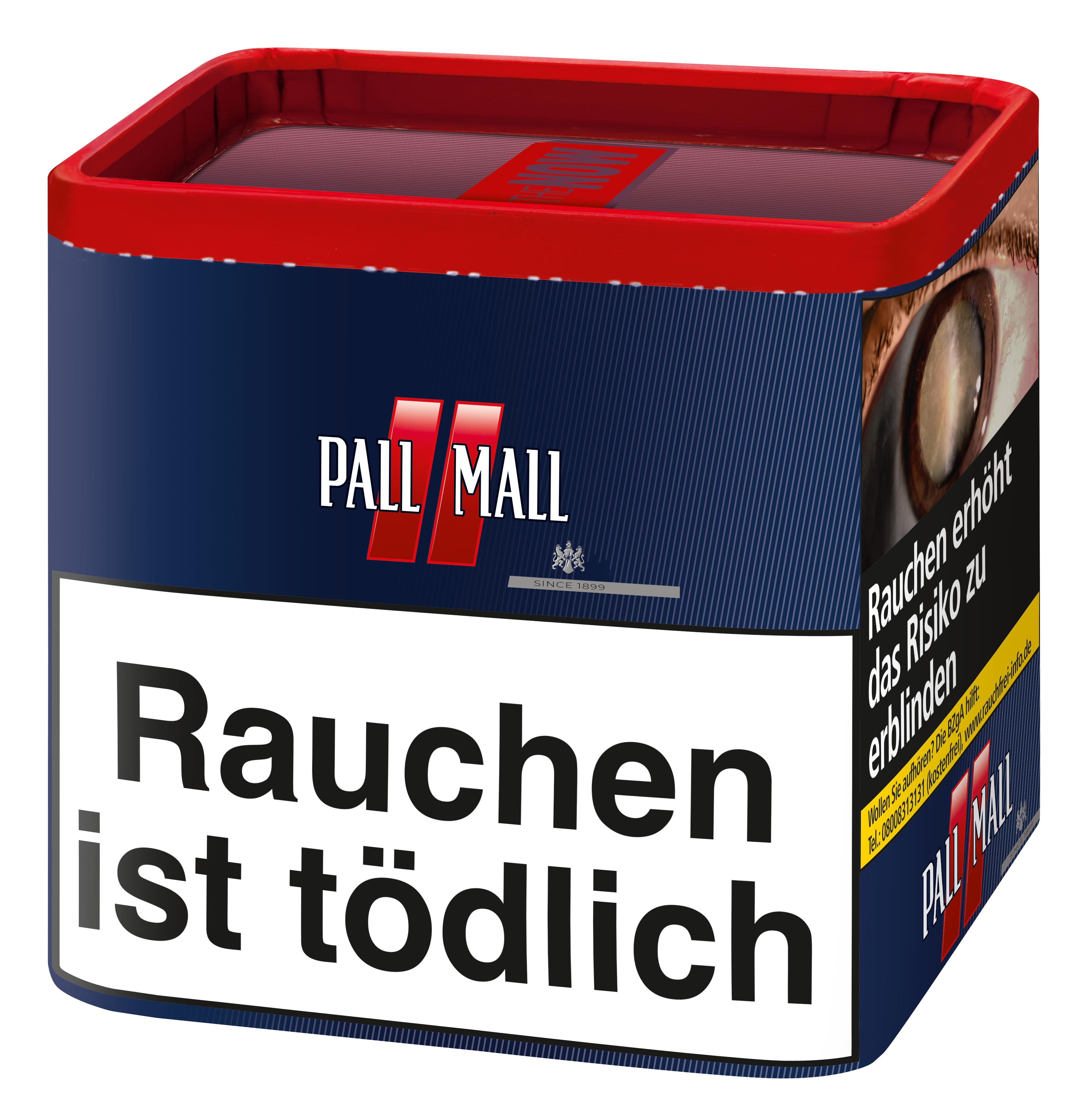 Rechteckige dunkelblaue 41-Gramm-Dose Pall Mall Red L Zigarettentabak mit rotem Deckel, rotem und weißem Logo mit dem Schriftzug "Pall Mall", dem Warnhinweis "Rauchen ist tödlich" und einer Illustration eines Auges mit einer Zigarette.