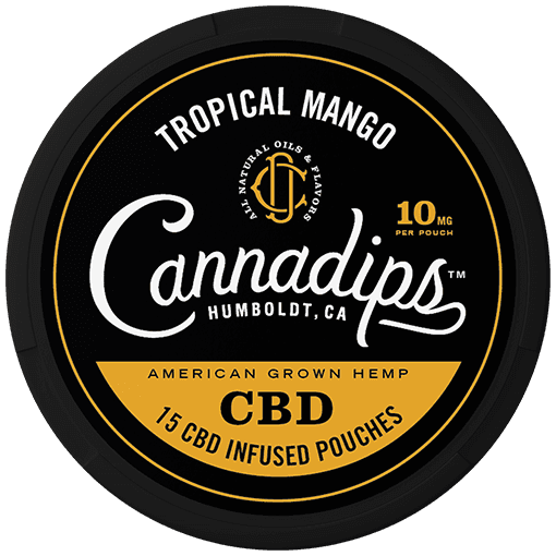 Eine Packung Cannadips CBD Pouches mit schwarzem Label und goldener Schrift, enthält 15 CBD Infused Pouches.