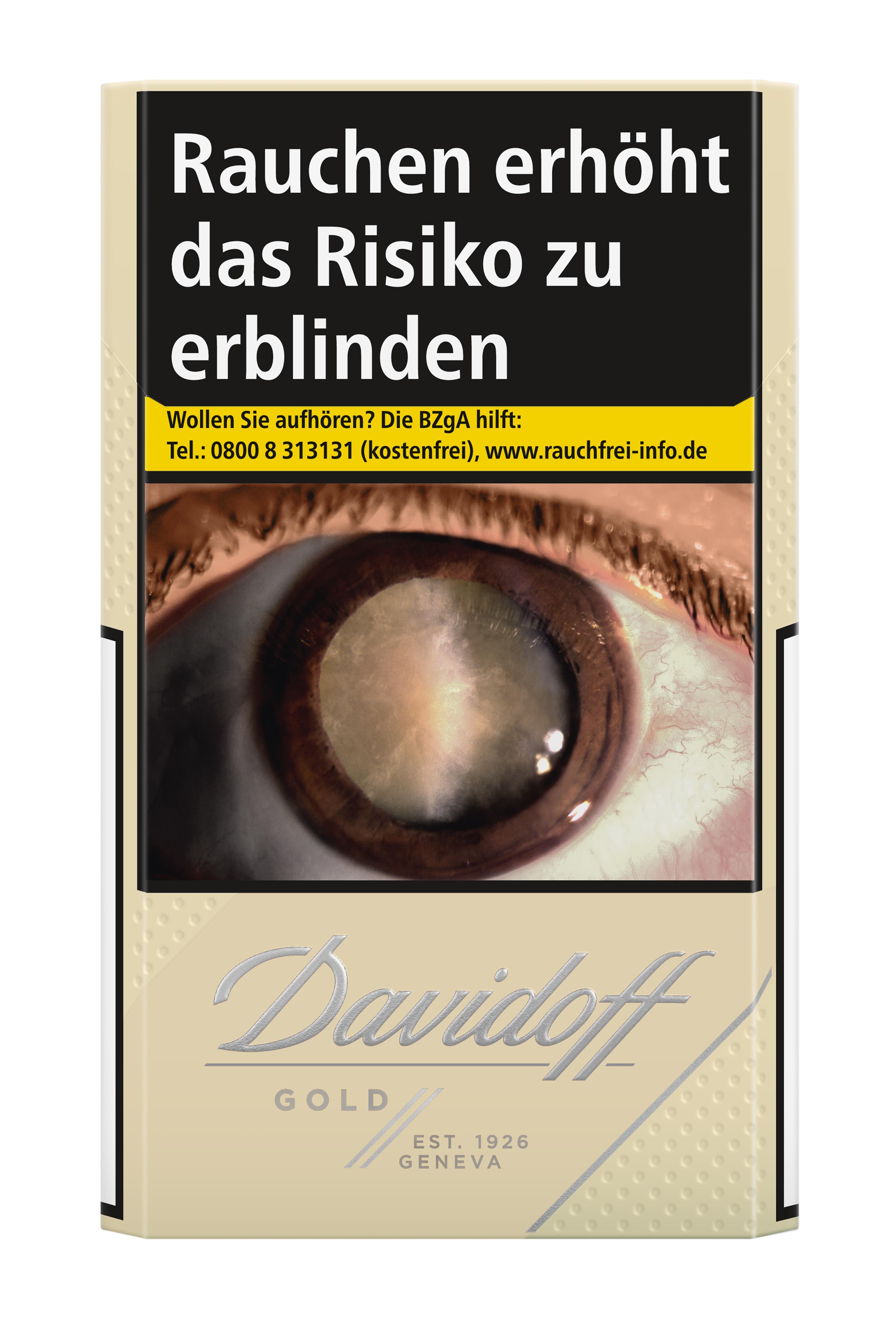 Davidoff Gold Zigaretten 1 Stange (10x20 Stück) mit mildem Geschmack, reduzierter Nikotingehalt, Packung in Beige mit schwarzem Warnhinweis und Augenmotiv.