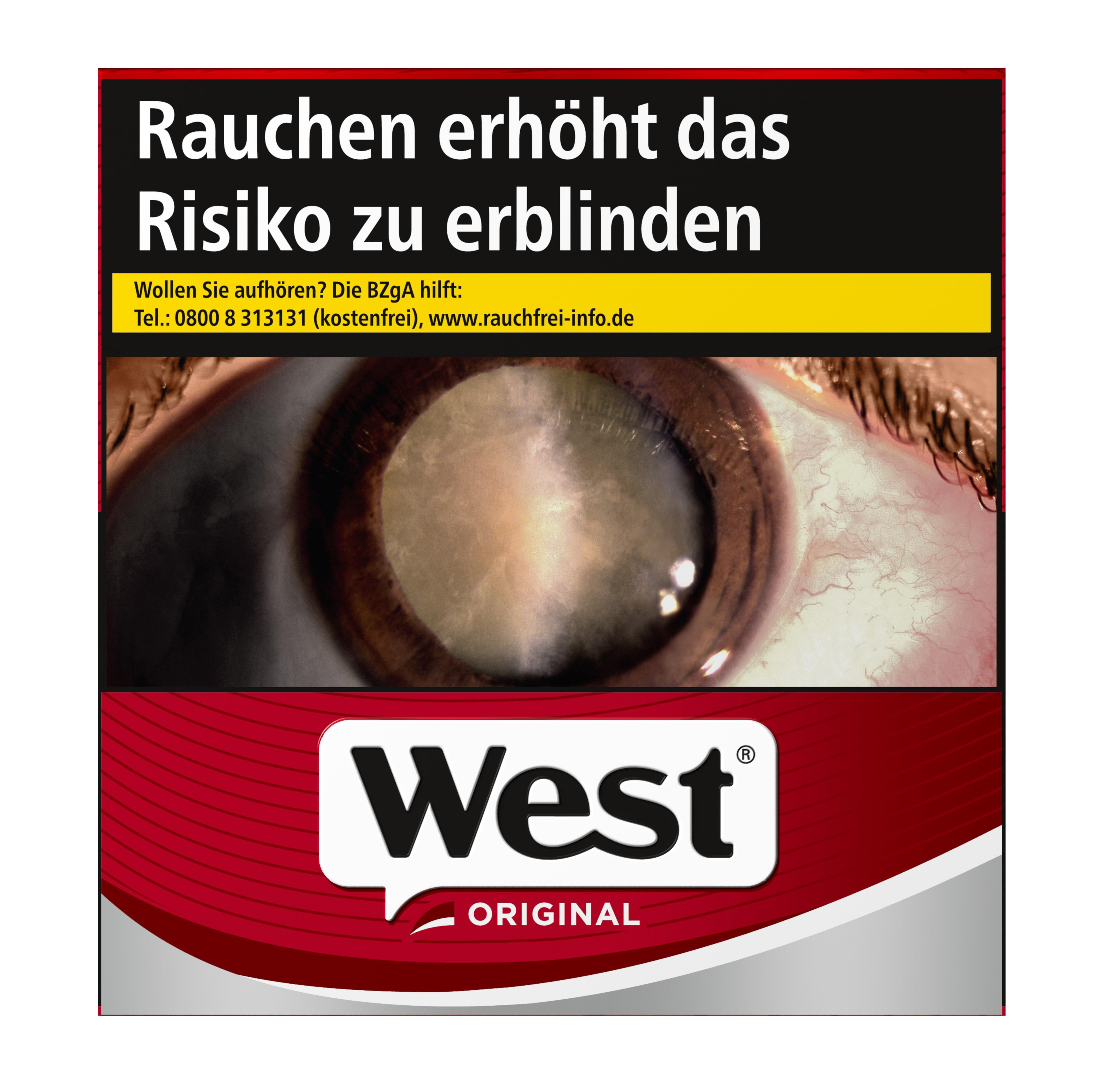 West Original Zigaretten Packung 50 Stück in der klassischen rot-weißen Verpackung mit dem West Logo.