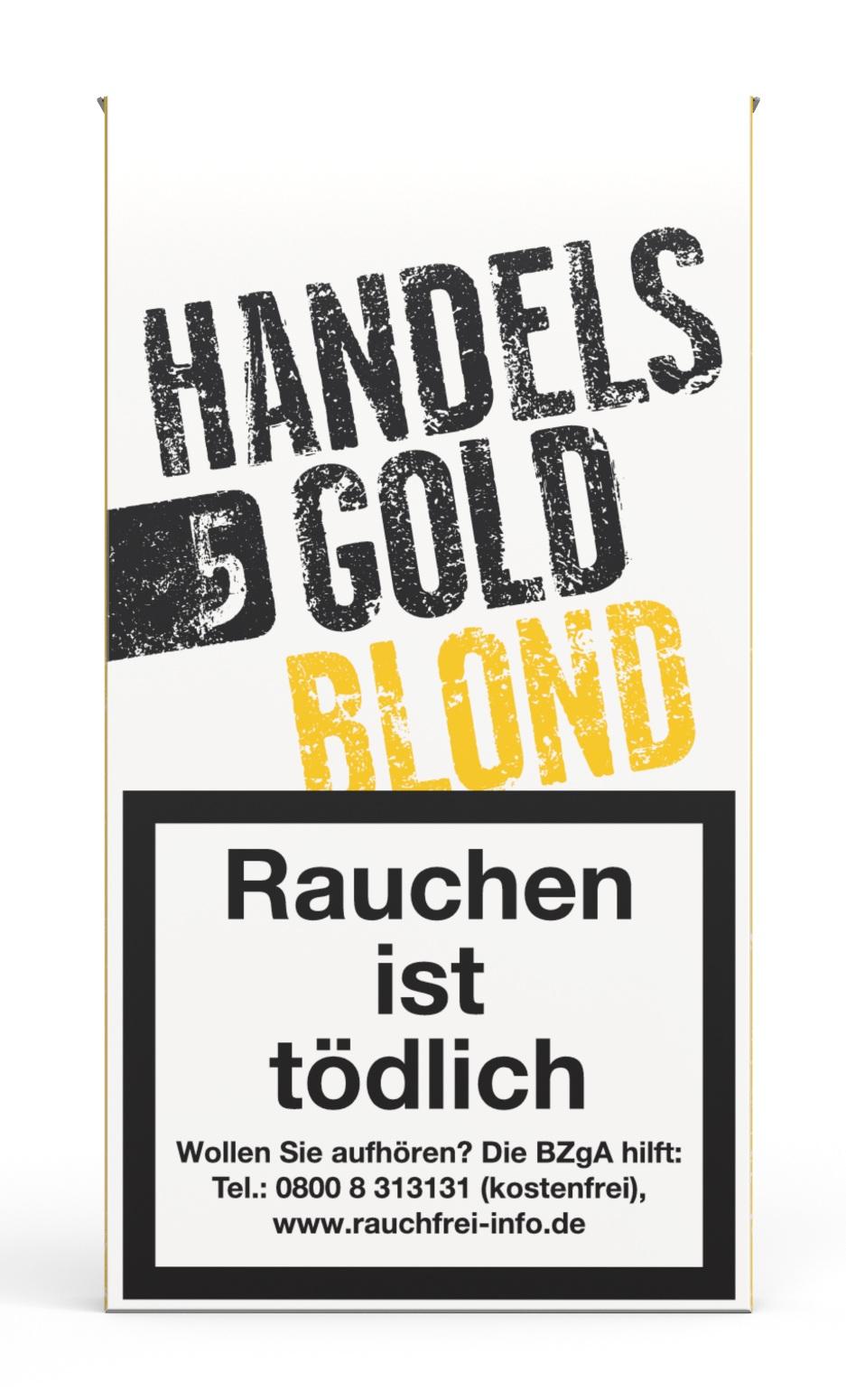 Handelsgold 211 Blond Zigarillos als Stange mit 10 Packungen zu je 5 Stück, präsentiert auf einem minimalistischen Informationsplakat.