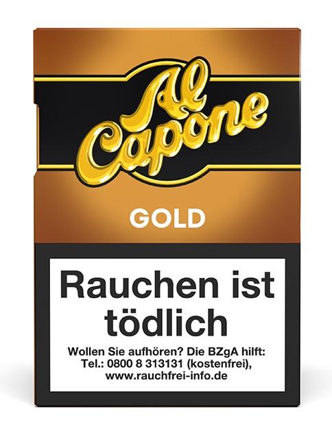 Al Capone Pocket Gold Filter Zigarillos in einer Stange mit 10 Packungen zu je 18 Stück, präsentiert in brauner Verpackung mit schwarzer Banderole.
