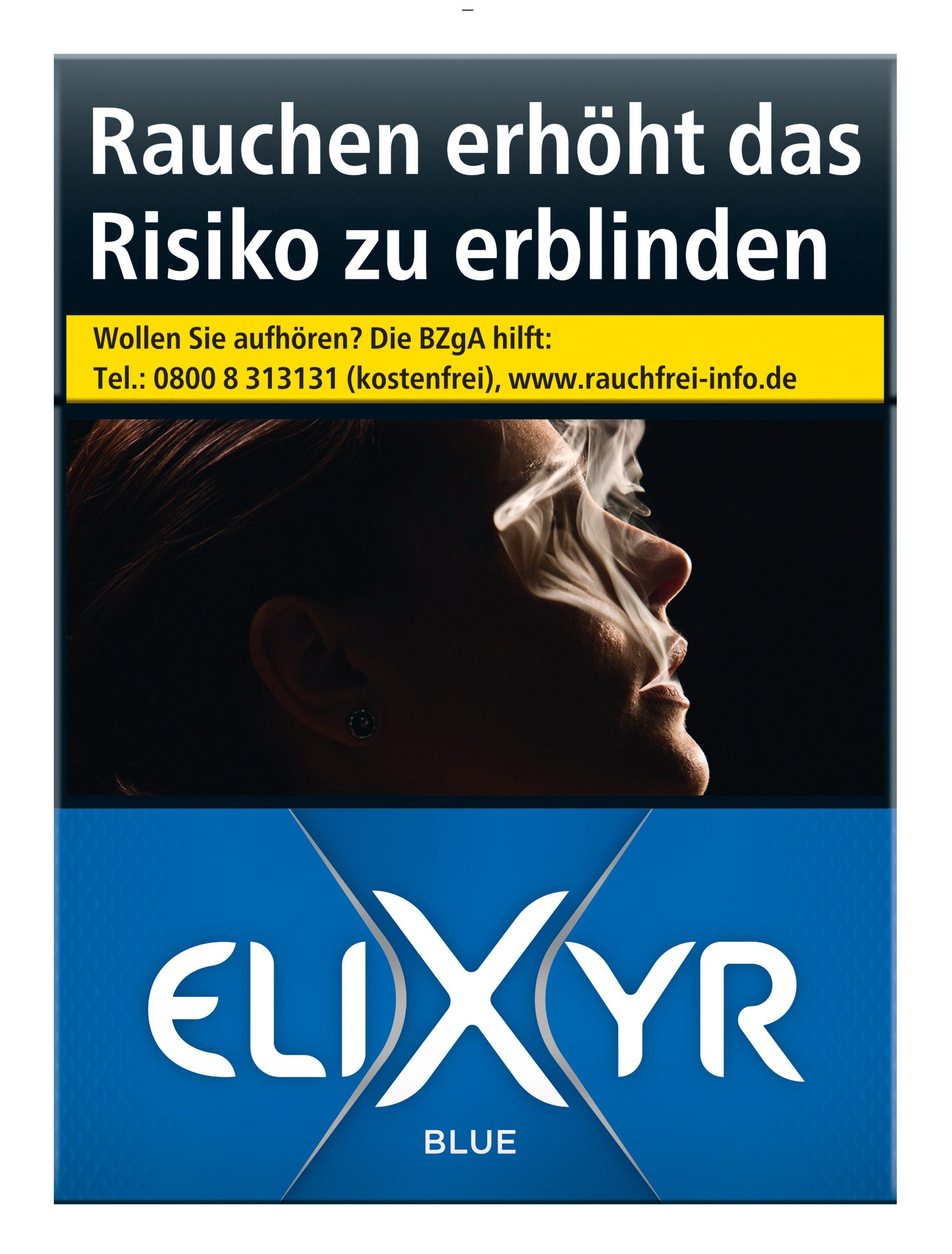 Blaue Elixyr Blue XXL Zigarettenpackung im King Size Format mit weißem Logo, prominentem Gesundheitshinweis und Kontaktdaten, 27 Stück.