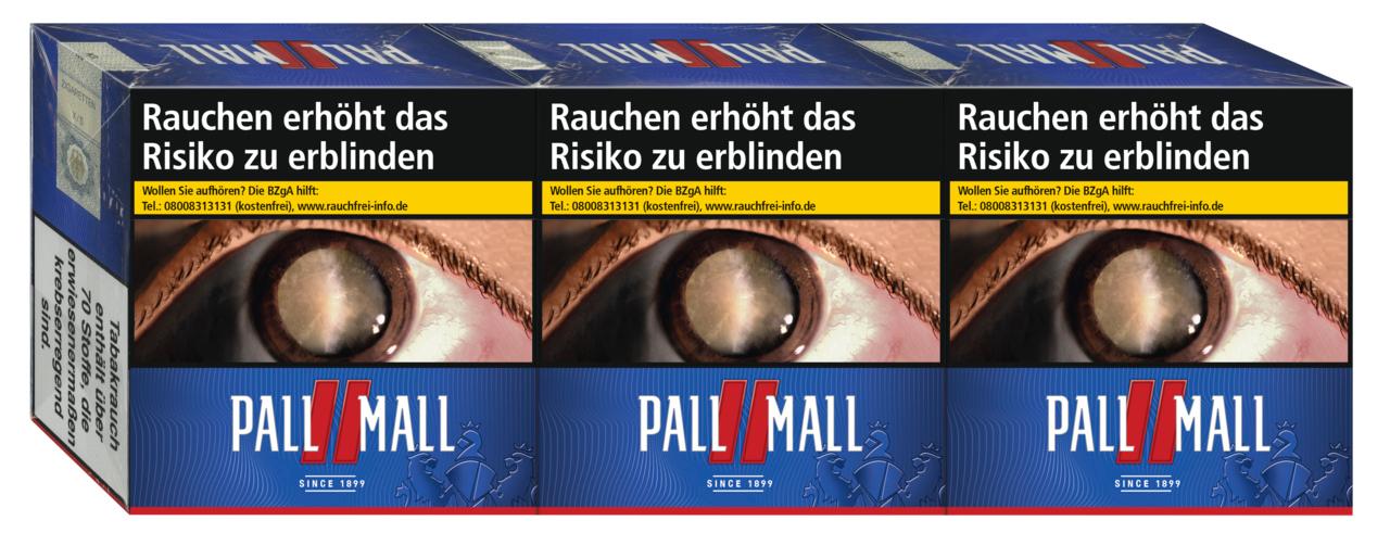Drei Packungen Pall Mall Red Hercules Zigaretten á 60 Stück in blau-rotem Design.